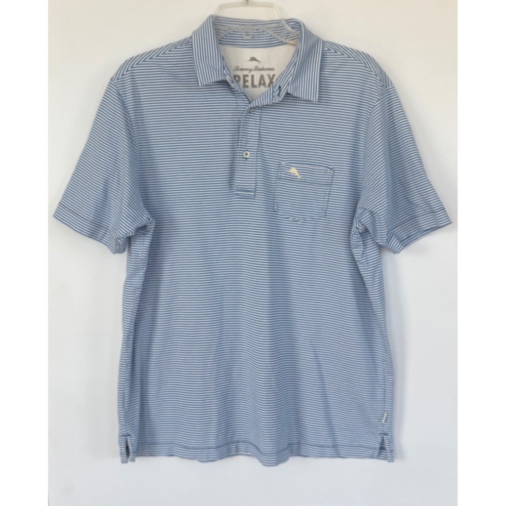 Tommy Bahama Relax Men Blue White Striped Cotton Polo Shirt Short Sleeve Large